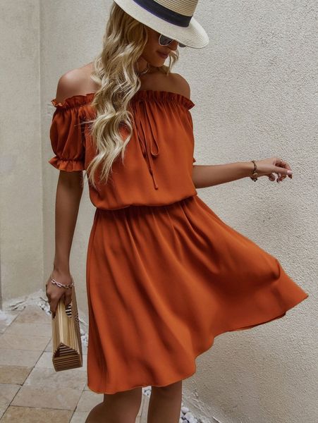 

off shoulder frill trim puff sleeve knot front dress s6i6#, Black;gray