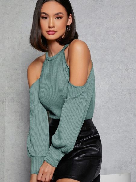 

cold shoulder rib-knit tee i9w5#, White
