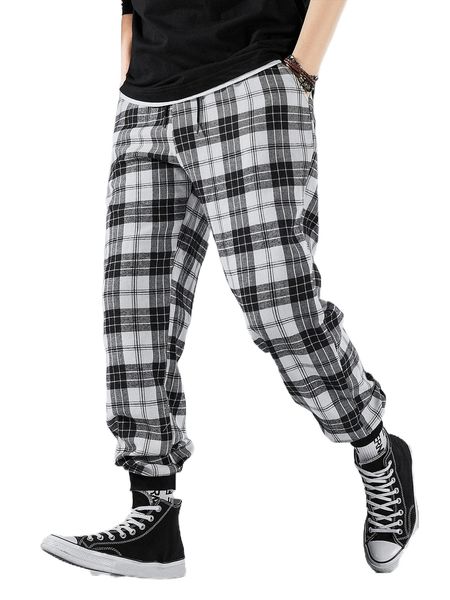 

men plaid slant pockets drawstring waist pants j8z2#, Black