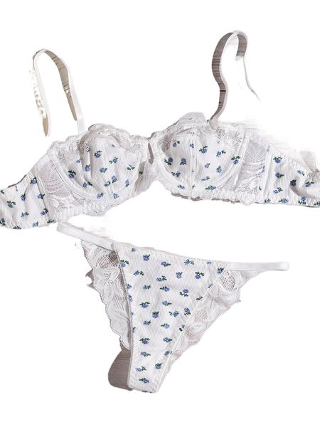 

floral print contrast lace underwire lingerie set d2cw#, Black;red