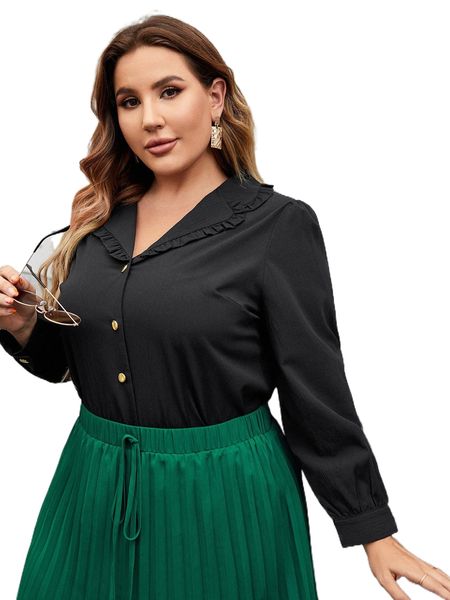 

plus frill trim button front shirt h6tf#, Black