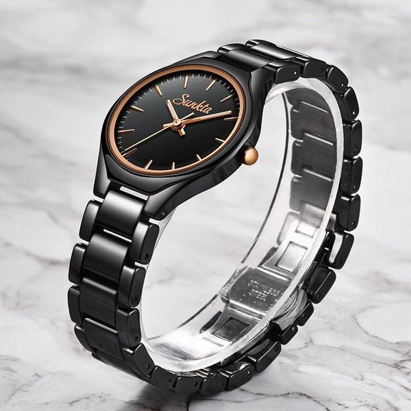 Armbanduhren 2022 SUNKTA Mode Lässig Einfache Rose Gold Voll Schwarz Keramik Frauen Uhren Wasserdichte Quarzuhr Mädchen Kleid Armband