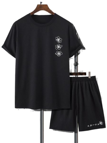 

men floral print tee & japanese letter graphic shorts 92ou#, Gray