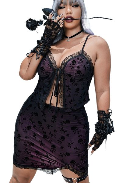 

plus floral print lace trim cami & split hem skirt m4au#, Black