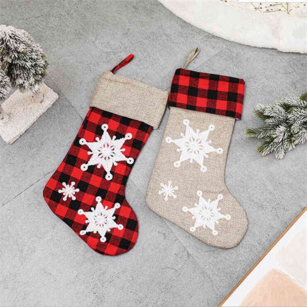 

2021 merry christmas stocking linen lattice stockings snowflake pattern sock kid toy candy bags xmas tree ornament supplies
