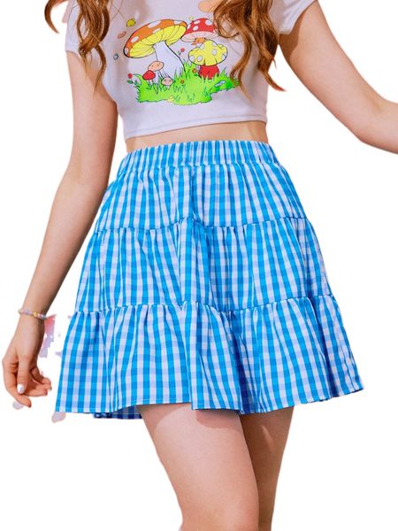 

romwe y2k revival gingham layered skirt j2il#, Black