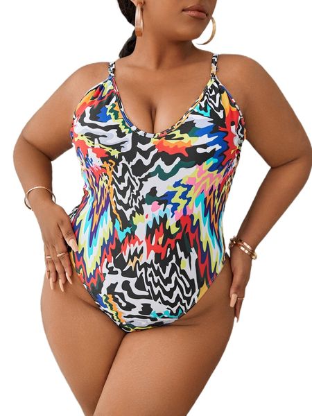 

plus allover print one piece swimsuit d4f4#, White;black