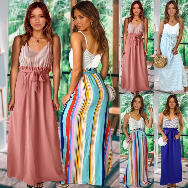 

cross-border foreign trade plus size womens dress new 2022 summer contrast color striped stitching dress slim fit printed, White;black