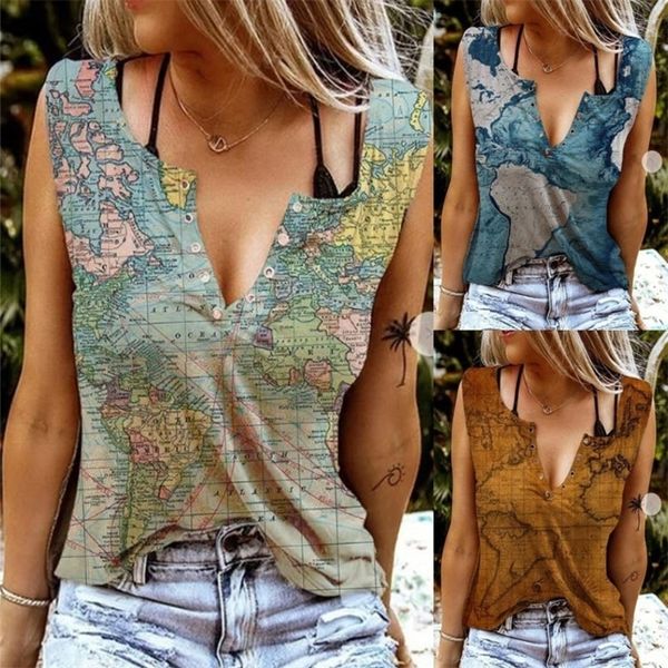 

summer v-neck f] map printed t-shirt breasted casual sleeveless women's loose vest large size clothing 220316, White