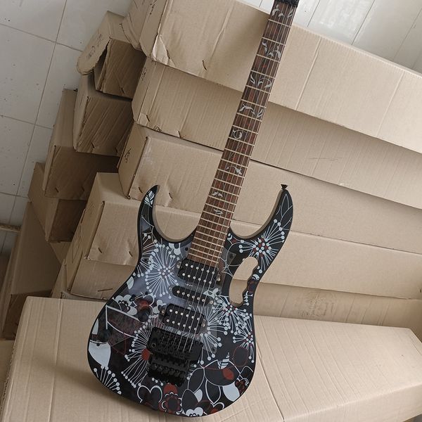 

6 strings left handed black electric guitar with flower pattern 24 frets