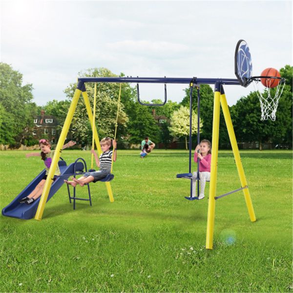 

5 in 1 outdoor tolddler swing set for backyard playground swing sets with steel frame silde seesaw swing and basketball hoop for kids outdoo