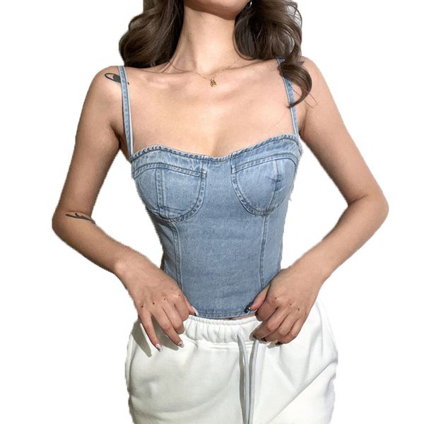 

european and american style new women's tank fashion suspenders one-shoulder open-back slim denim vest women, White