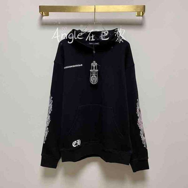 

/ chromesheartscrosin new embroidery sanskrit horseshoe flower arm hooded sweater men's and women's coats, Black