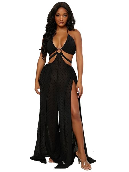 

sxy o-ring cutout split thigh jumpsuit u7jq#, Black;white