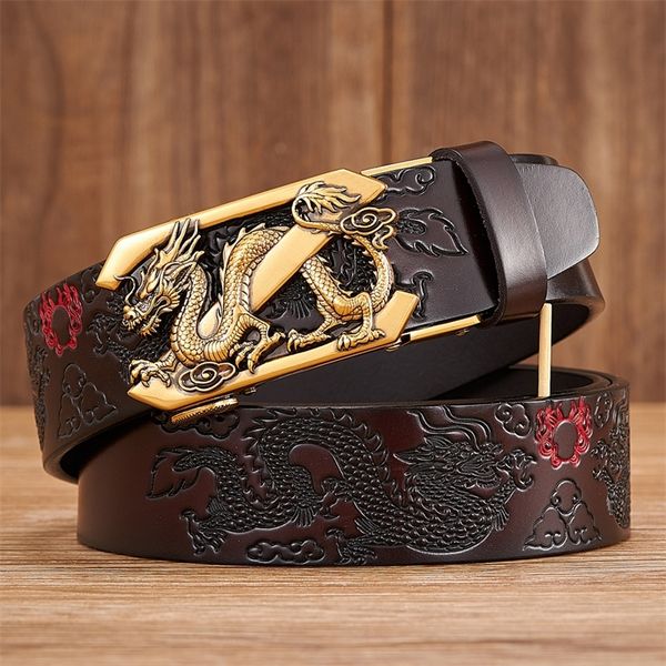 

male genuine leather belts casual ratchet belt with automatic buckle luxury design dragon pattern for business men strap 220316, Black;brown