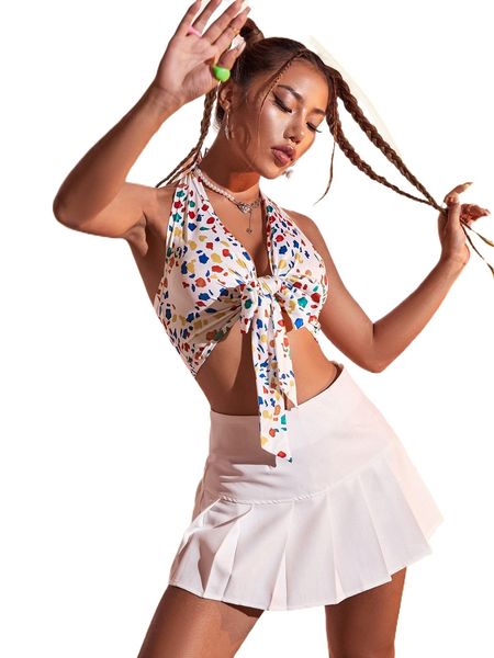 

allover print knot front backless halter d4ip#, White