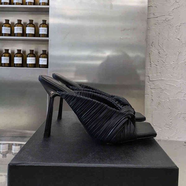 

designer sandals fashion luxury women shoes high heels square toe sandal nappa leather mules weave sliders wedding feminine pumps t81d, Black