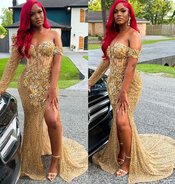 

2022 plus size arabic aso ebi gold luxurious mermaid prom dresses beaded crystals evening formal party second reception birthday engagement, Black