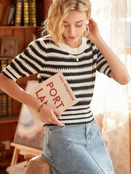 

knit mix stripe pattern knit 57vn#, White;black