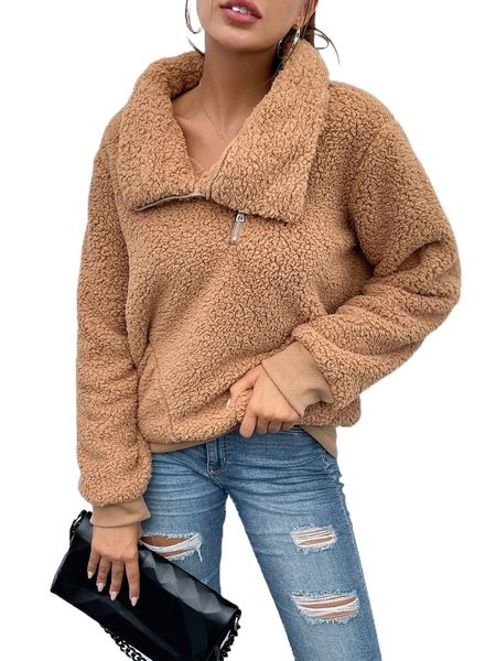 

half zip teddy sweatshirt f30x#, Black