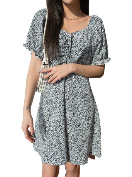 

dazy ditsy floral puff sleeve tie front dress g3fl#, Black;gray