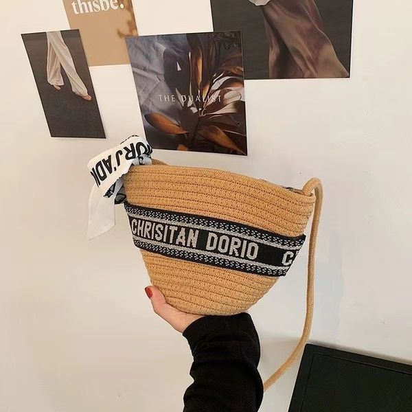 

summer 2022 shoulder bags for women cotton and linen woven bucket bag female letter silk scarf crossbody beach handbag wallet