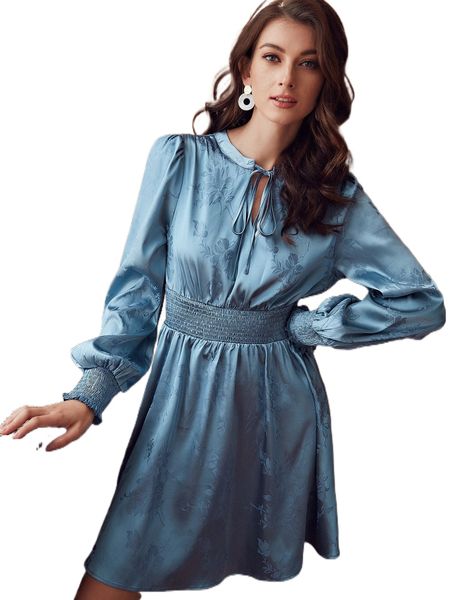 

floral jacquard tie neck shirred lantern sleeve dress k64b#, Black;gray