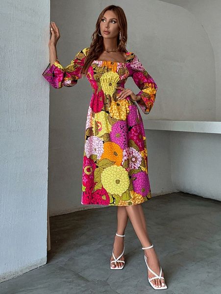 

floral print shirred gathered sleeve square neck dress 18tz#, Black;gray