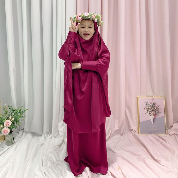 

ramadan satin muslim sets hijab prayer dress for kids abaya dubai turkey islamic clothing girl abayas for children+ skirt burka, Red