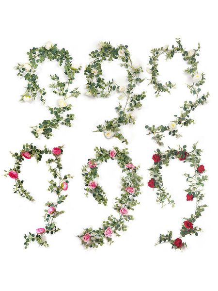 Ghirlanda di eucalipto artificiale con fiori Ghirlanda verde Ghirlanda di rose bianche per decorazioni da tavolo per matrimoni, feste in giardino