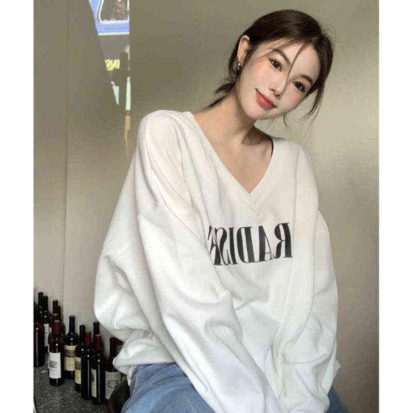 

thin v-neck oversize no cute hoodie coat women's autumn 2021 new base comfortable trendy clothes white long sleeved 4rm2 t220726, Black