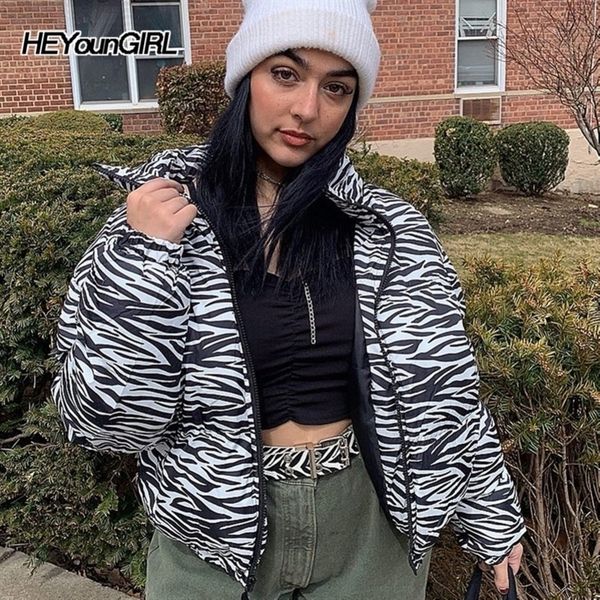 

heyoungirl zebra animal print warm ladies winter jackets harajuku casual puffer bubble coat long sleeve women parka streetwear y201012, Black
