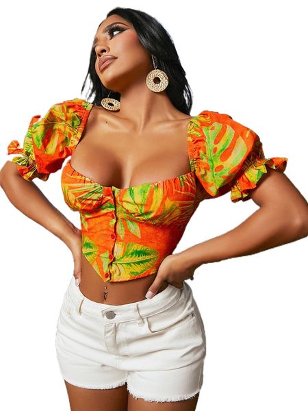 

sxy tropical print puff sleeve bandana hem crop blouse 98v8#, White