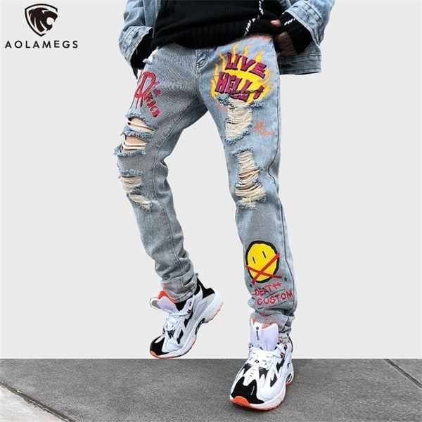 

aolamegs jeans men punk cool graffiti denim pants men broken hole trousers cute letter print jeans high street casual streetwear t200614, Blue