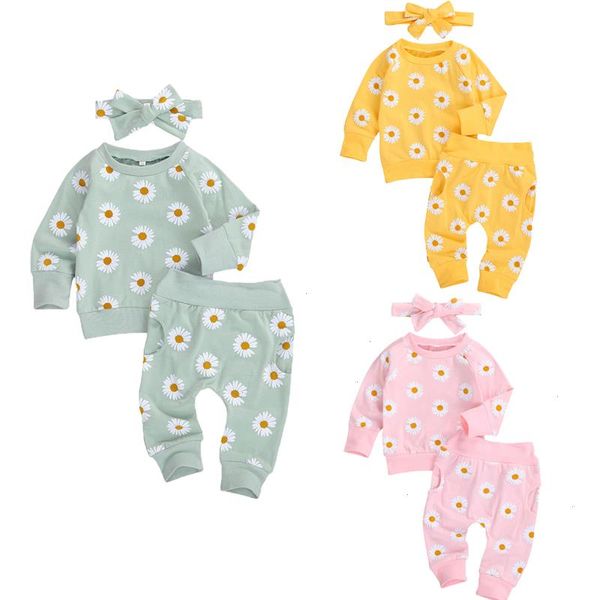

3colors 0-24m toddler newborn set infant baby girl autumn clothing long sleeve daisy printed cotton pants 2pcs outfits, White