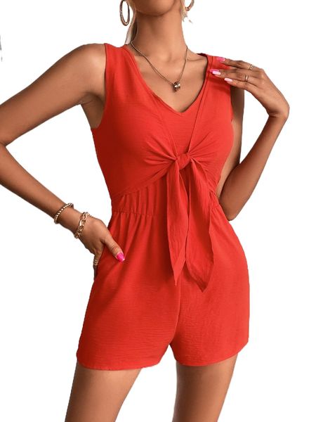 

keyhole back knot front tank romper q4kk#, Black;white