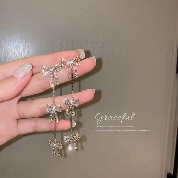 

925 silver needle european and american exaggerated niche rhinestone bow tassel earrings long earrings all-matching elegant eardrop for wom, Golden
