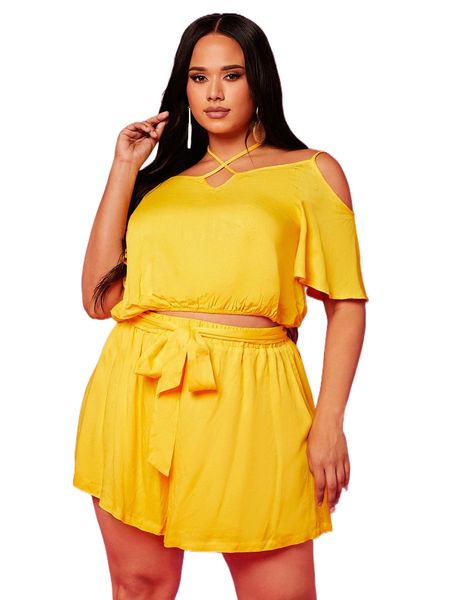 

plus tie back cold shoulder & knot front shorts g9bi#, Black