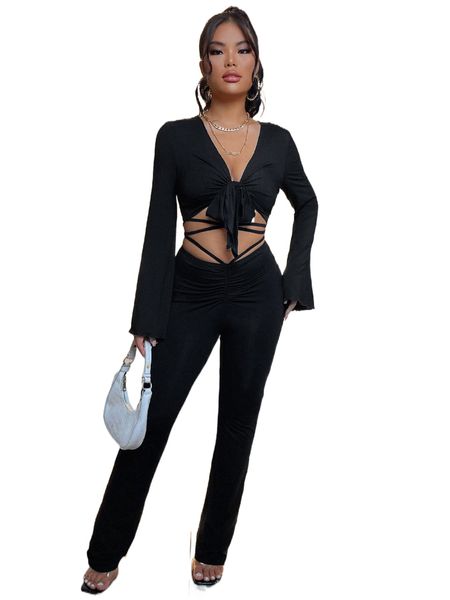 

tie front flounce sleeve & lace up waist pants set a9h0#, White