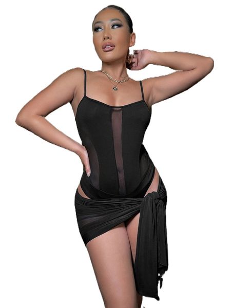 

sxy contrast mesh cami bodysuit & knot wrap skirt r3nn#, White