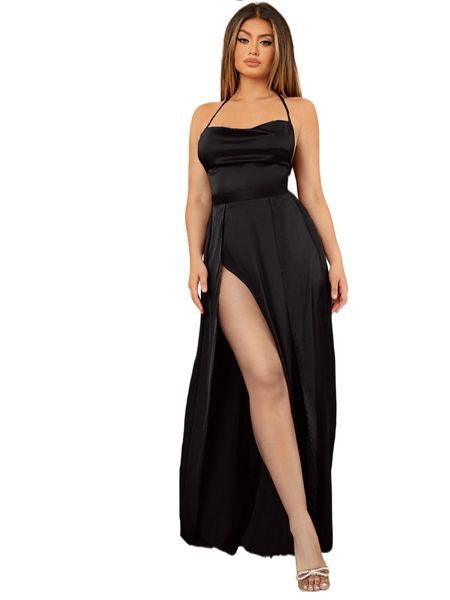 

tie backless split thigh satin dress z9hp#, Black;gray