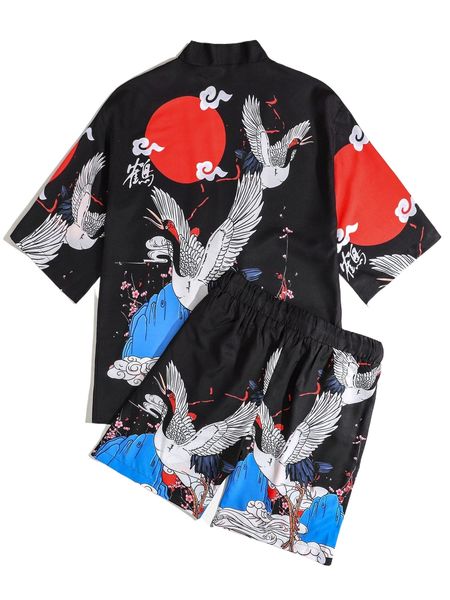 

men crane & floral print kimono & shorts l7da#, Gray