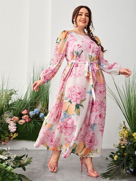 

plus floral print belted lantern sleeve dress t53g#, Black