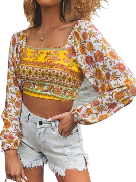

floral print shirred back bishop sleeve crop blouse q8qk#, White