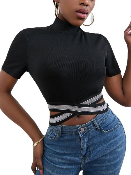 

sxy stand neck contrast striped tape cut out tee v1uc#, White