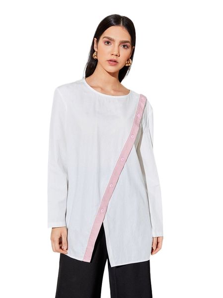 

x leng chin buttoned front contrast trim asymmetrical hem blouse 95xf#, White