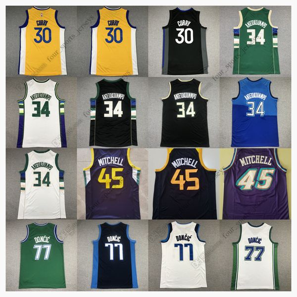 

retro mitchell and ness basketball jerseys 30 curry 34 giannis stephen antetokounmpo 45 mitchell 77 luka donovan doncic irving young dosunmu, Black;red