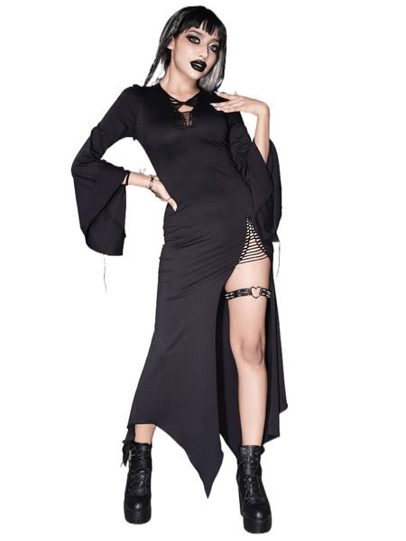 

gothic bell sleeve cut out detail split thigh hanky hem dress q8wy#, Black;gray
