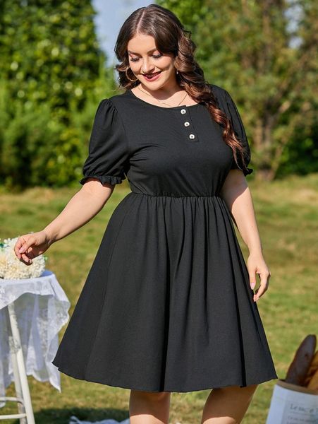 

plus solid puff sleeve flare dress p48b#, Black