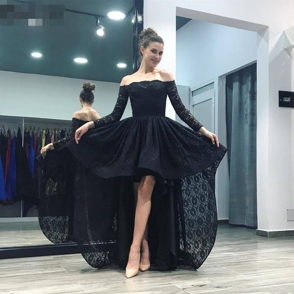 

black pink prom dresses 2022 evening ball gown strapless long sleeve lace party gowns high low prom dress vestidos largos de fiesta, Black;red